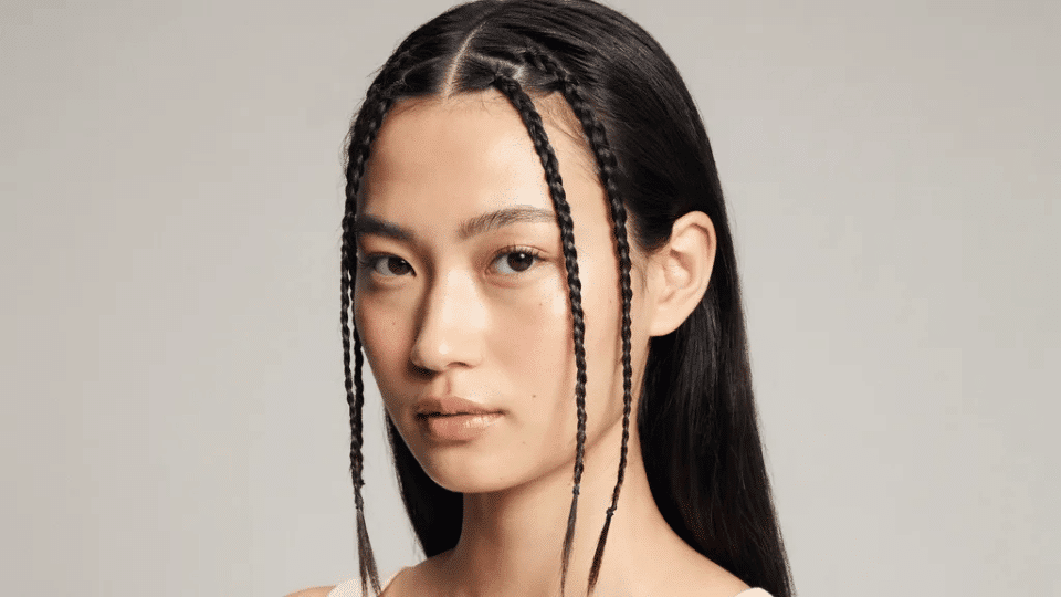 Straight sleek hair with thin baby braids framing face, simple Y2K inspired early 2000s hairstyle