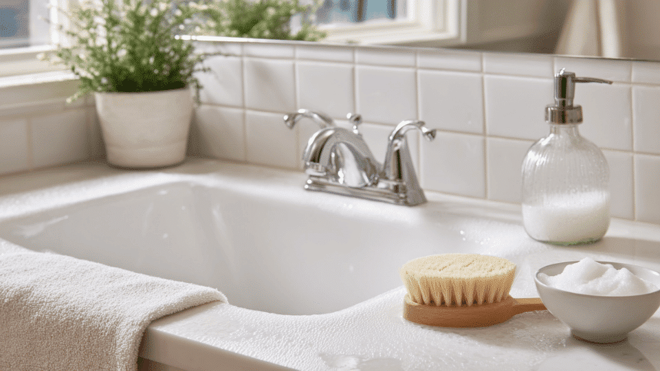 Clean sink and bathtub surface free of mineral buildup after treatment with baking soda paste.