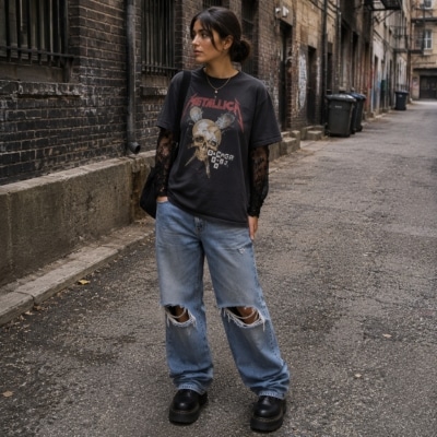 Woman in vintage band tee, mesh layers, and distressed jeans standing in a gritty urban alley with chunky boots.
