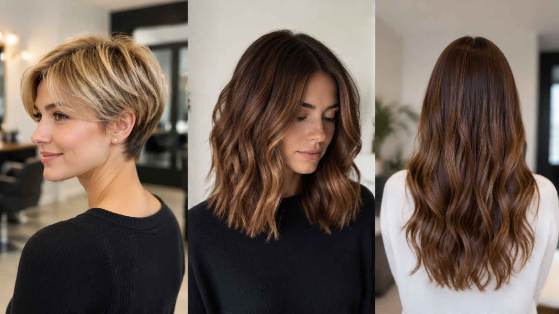 Three women showing short, medium, and long hairstyles in a salon style collage