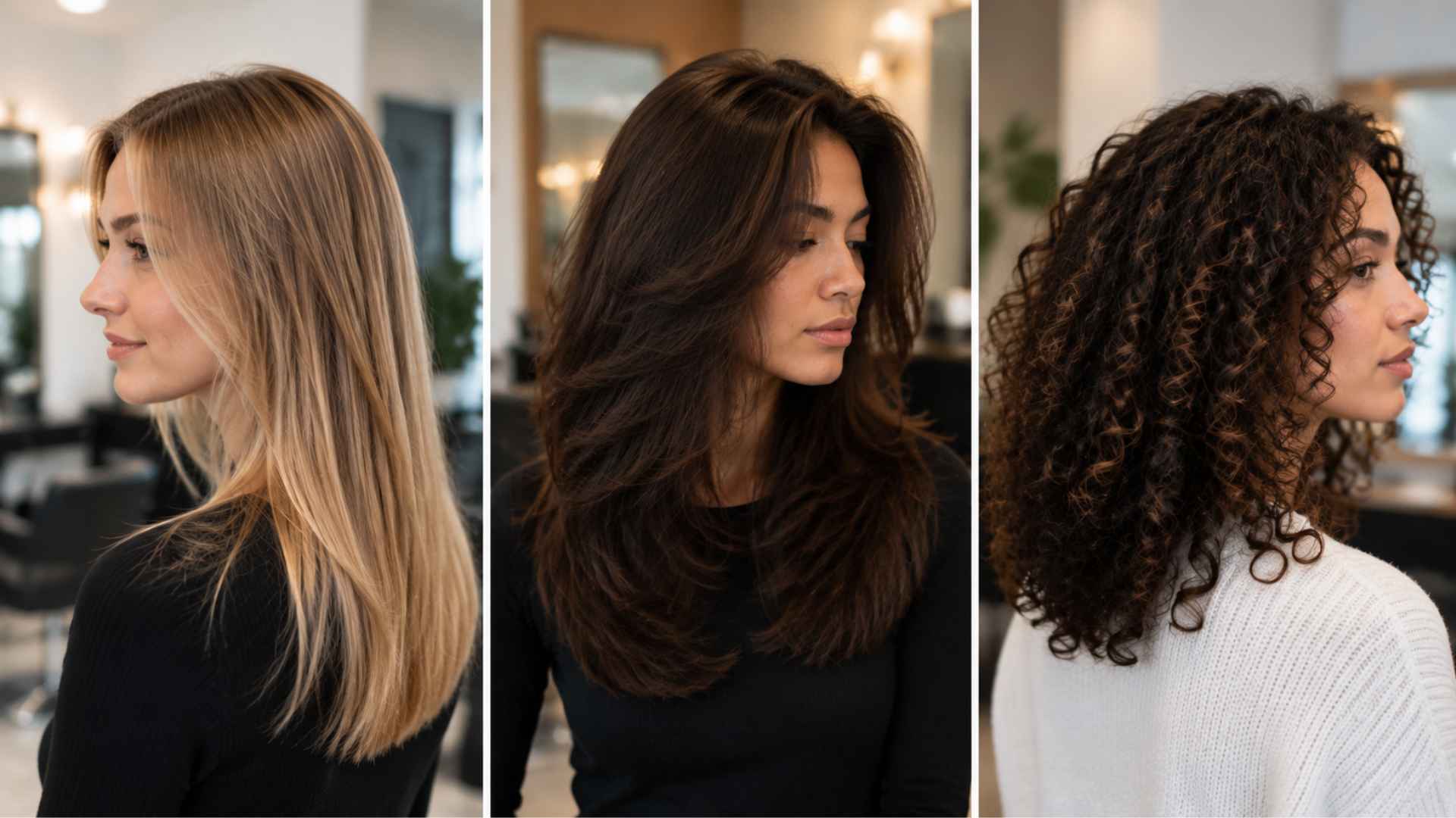 Close-up of hairstylist trimming long brown hair in a modern salon with soft lighting