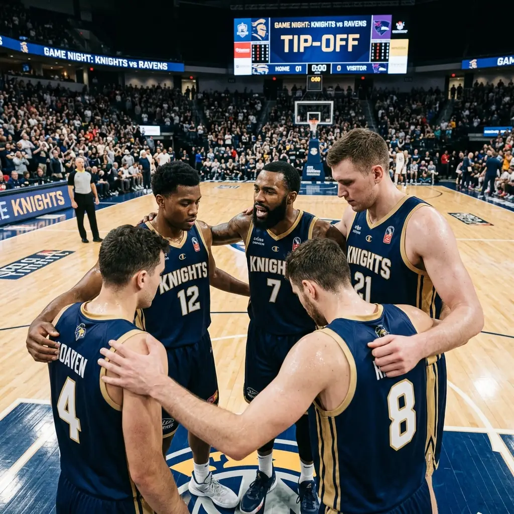 Basketball team huddling on court during game in packed arena