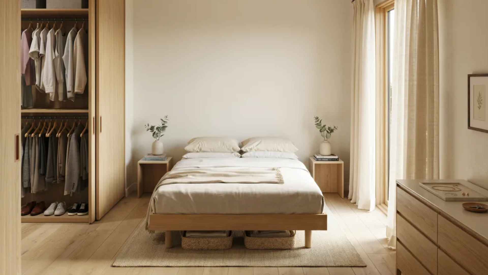 Minimalist bedroom tidy with organized closet, nightstands, dressers, and labeled under-bed storage, bright and peaceful.