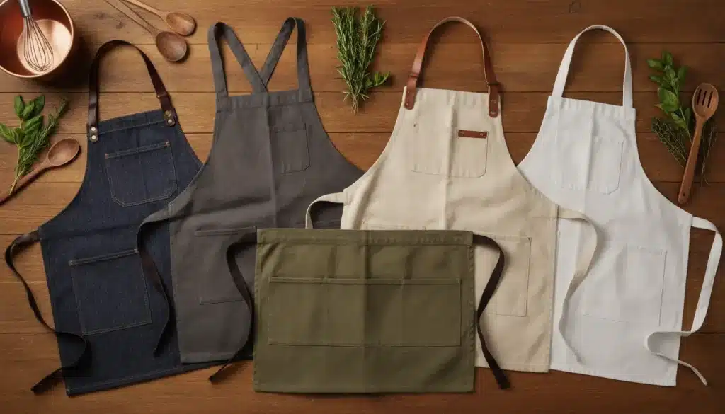 Five canvas aprons in various colors on wooden table with cooking utensils and herbs