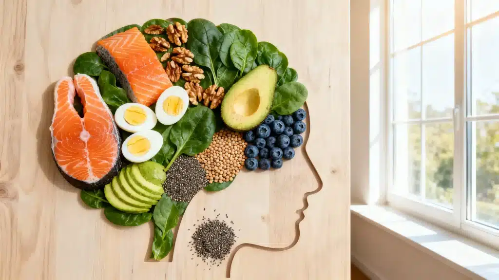Salmon, avocados, eggs, and nuts forming a brain shape on a wooden table by a window