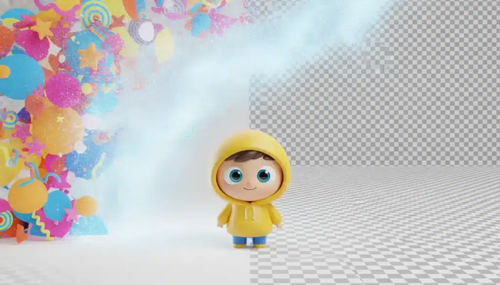 Cartoon character in yellow hoodie with colorful confetti and checkerboard background