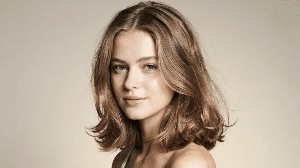 Blowout flip layers with soft outward ends and volume, classic Y2K soft glam hairstyle with bouncy finish look