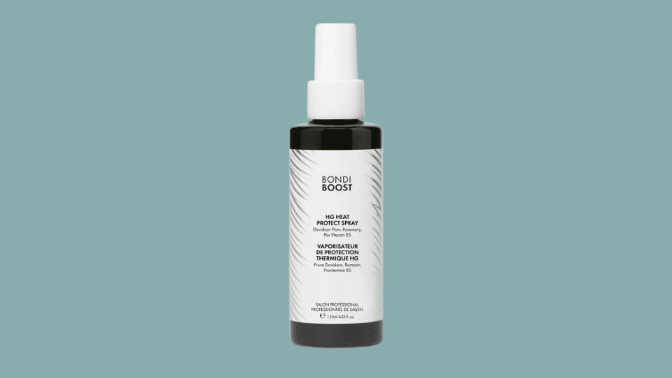 BondiBoost Thermal & Heat Protectant Spray bottle on plain background