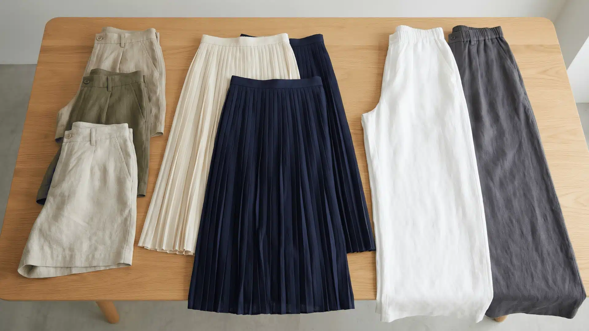 Selection of summer shorts, midi skirts, and lightweight trousers for a capsule wardrobe