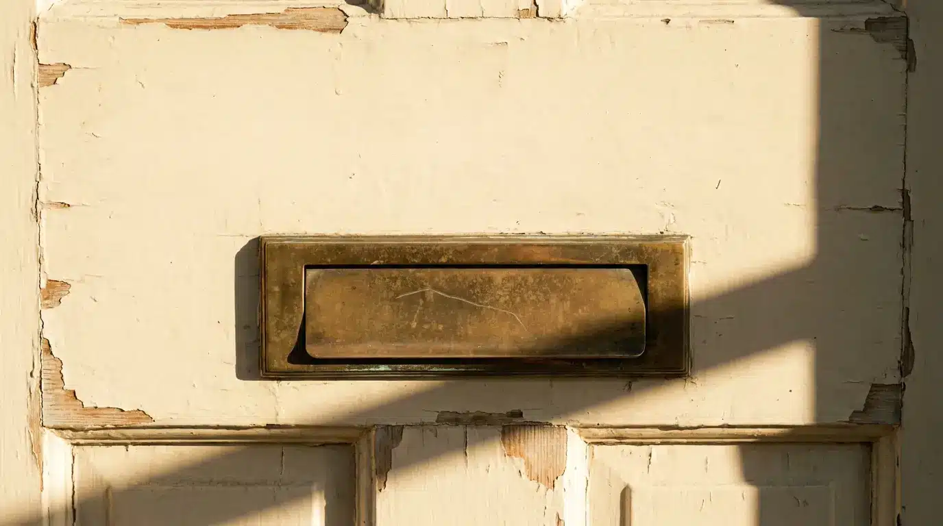 Worn brass mail slot on peeling white door in warm afternoon light