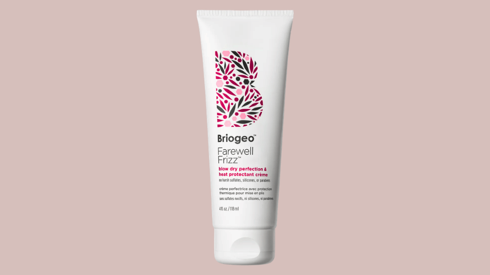 Briogeo Farewell Frizz Heat Protectant Cream bottle on plain background