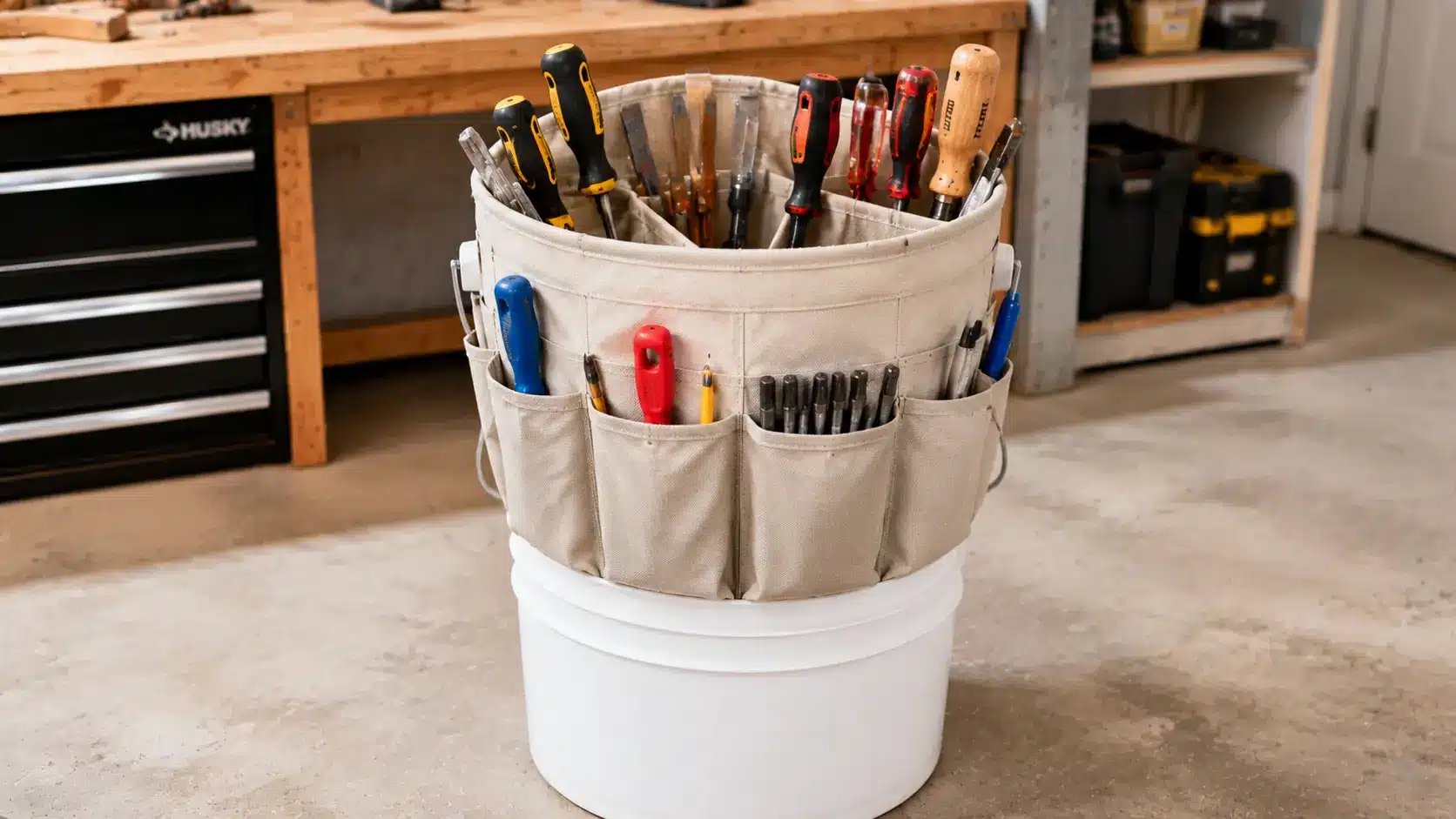 Bucket tool organizer with hand tools