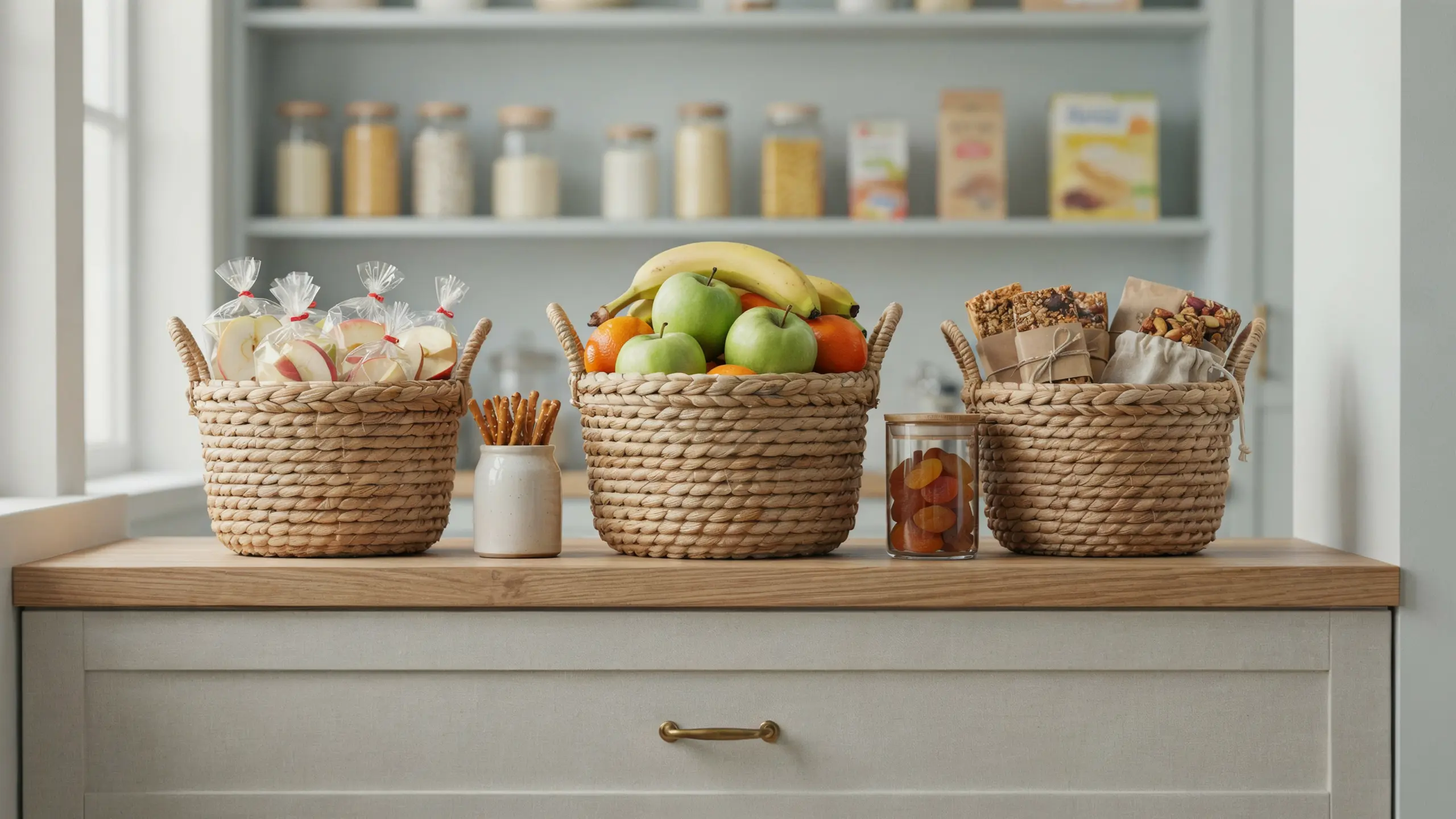 Kid-friendly snack zone with baskets of fruit, pretzels, and granola bars.