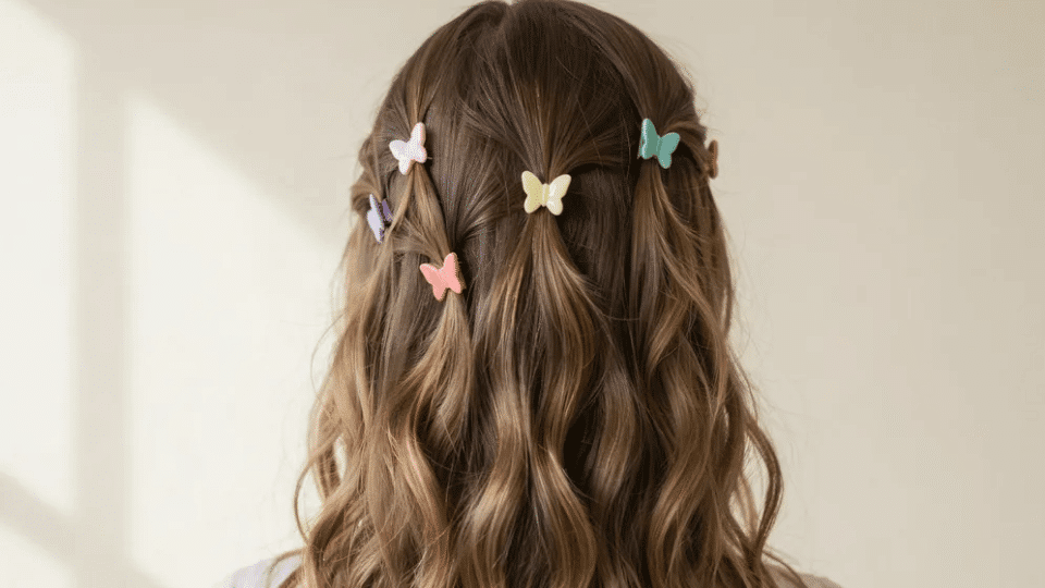 Loose wavy hair with colorful butterfly clips scattered throughout, soft Y2K inspired playful hairstyle look