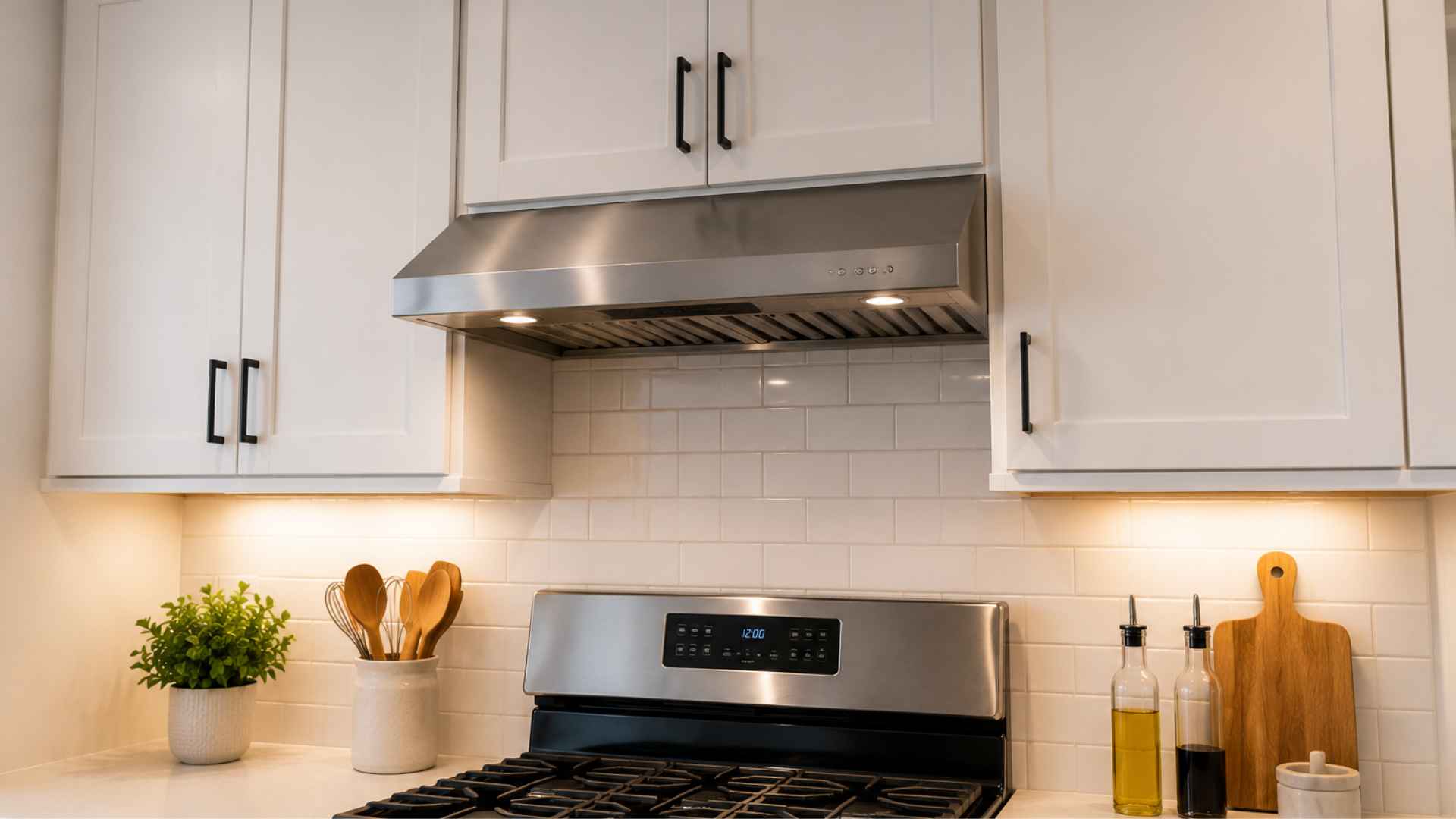 White shaker-style cabinets above stainless steel range and hood, kitchen utensils nearby.