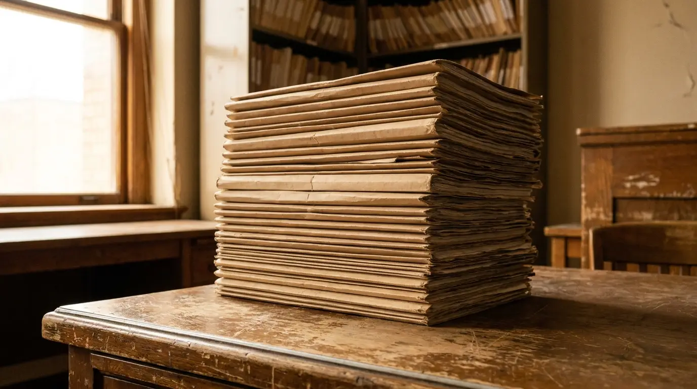 Stack of brown paper-bound files on a wooden desk in a vintage library setting