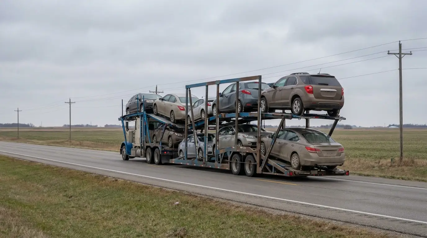 Car carrier trailer loaded with multiple vehicles driving on rural highway under cloudy sky