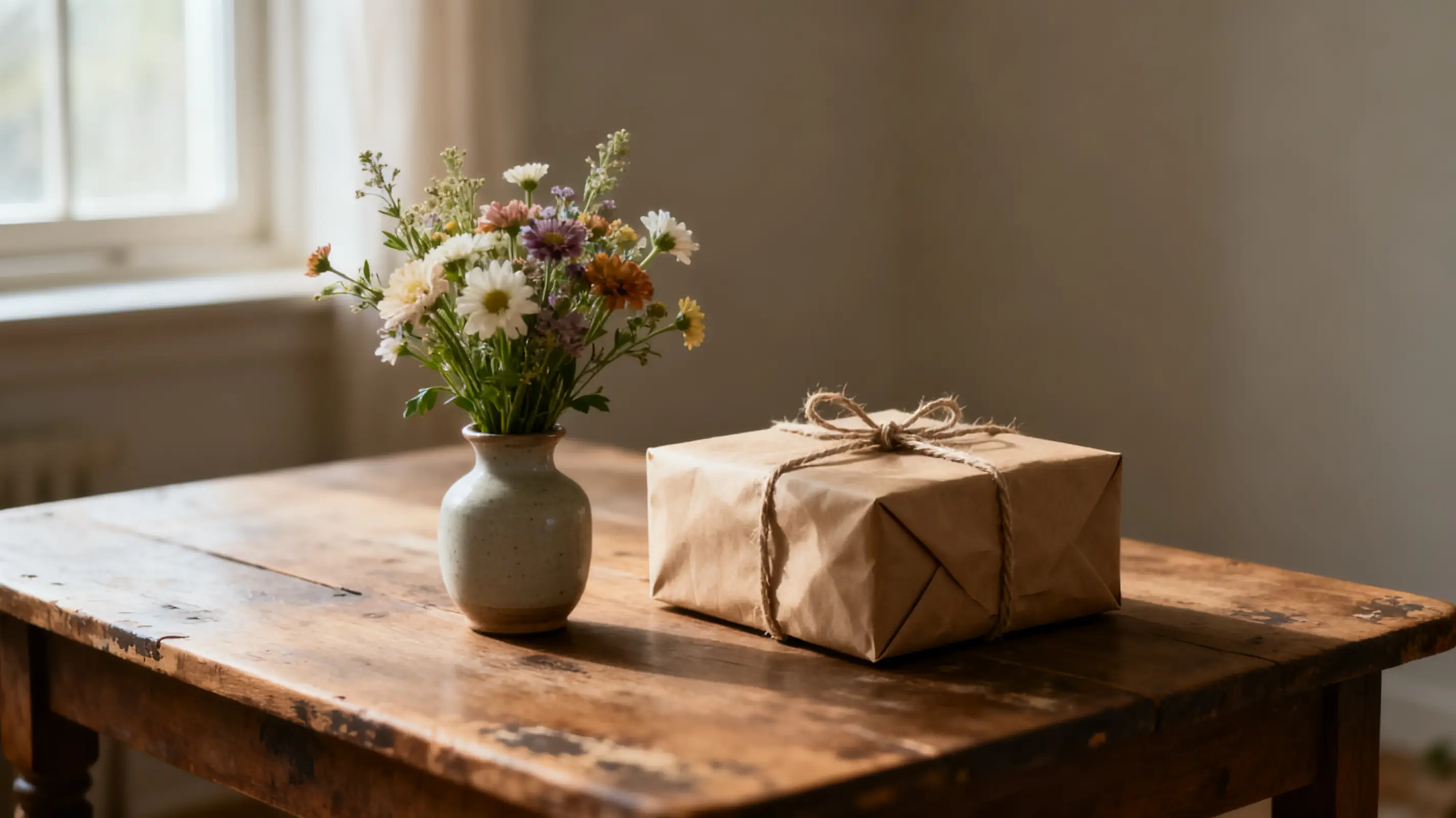 Vase with wildflowers and a wrapped gift box on wooden table in soft natural light