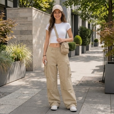 Woman wearing beige cargo pants, white crop top, and cap standing on a city sidewalk.