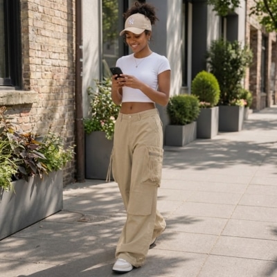 Woman in white crop top, beige cargo pants, and cap walks on sidewalk looking at her phone.