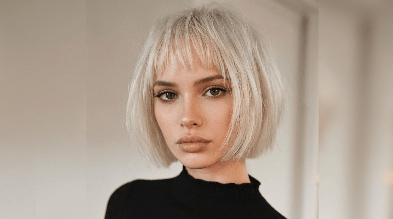 Blunt bob fringe pairing a full straight cut fringe with a blunt jaw length bob on thick straight blonde hair