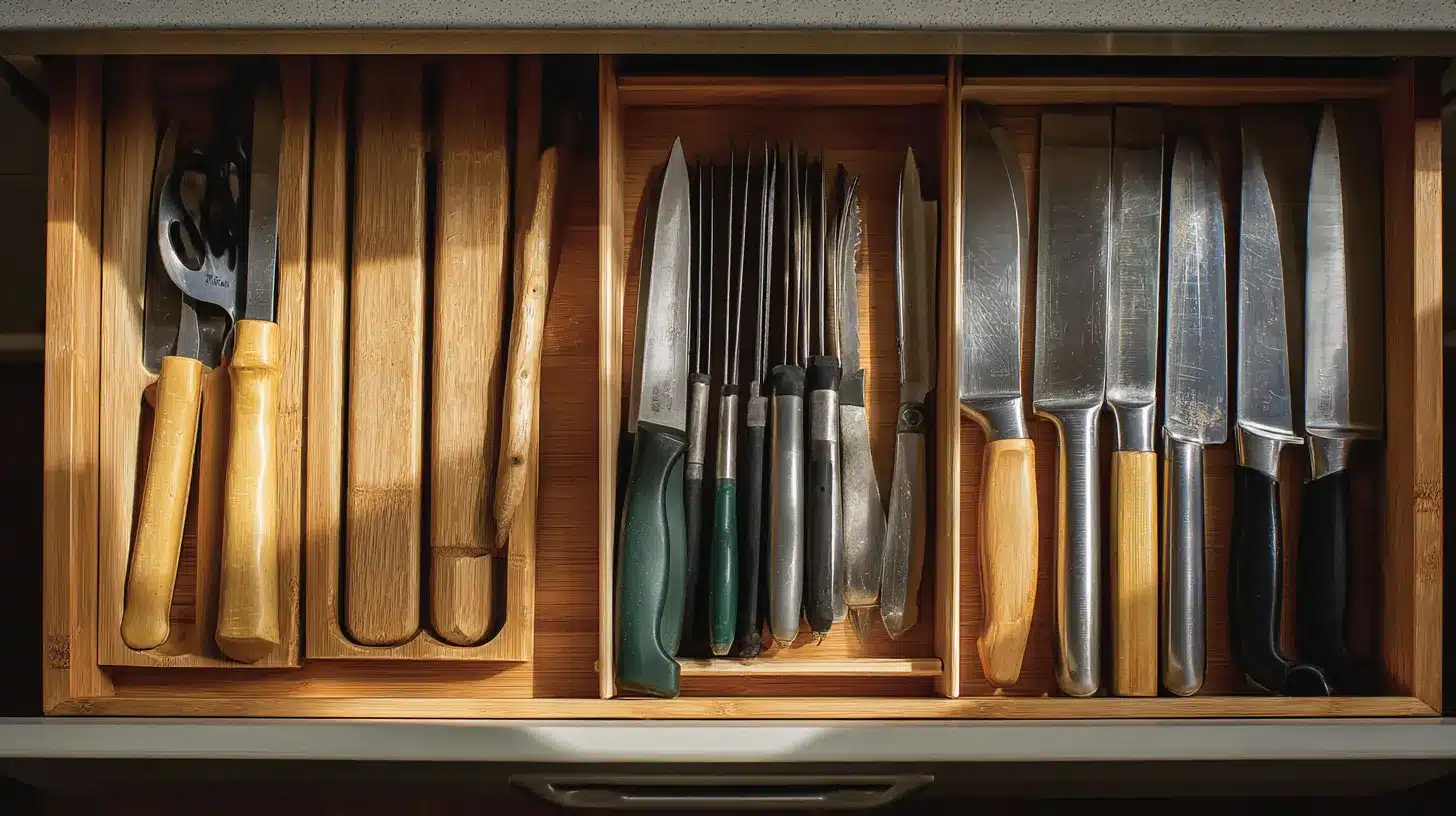 Organized kitchen drawer with knives separated, ready for a quick check for dull or damaged blades