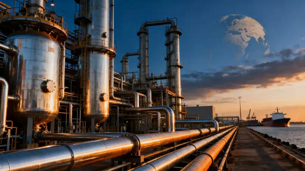Industrial oil refinery with large metal tanks and pipes at sunset near ocean dock