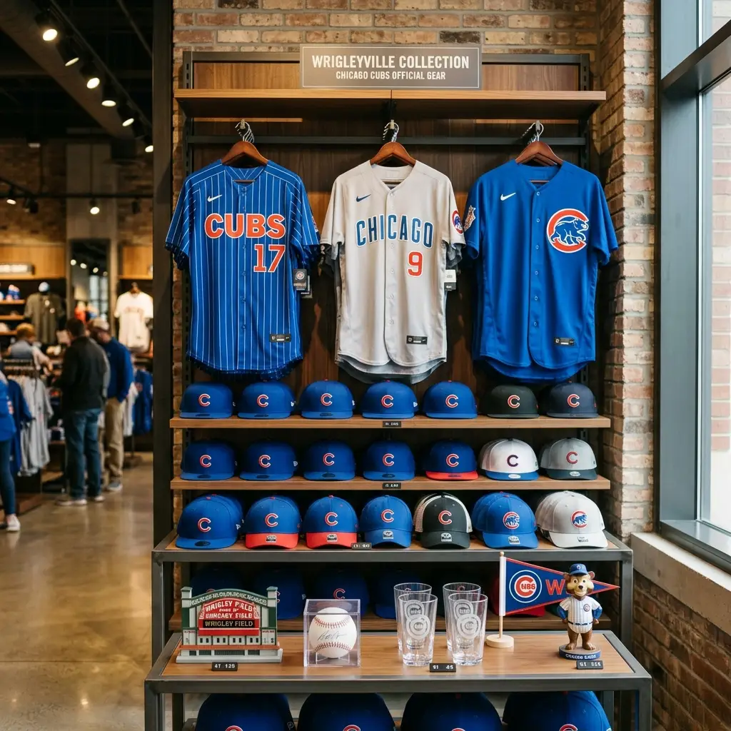 Chicago Cubs jerseys and hats displayed on shelves in a sports merchandise store