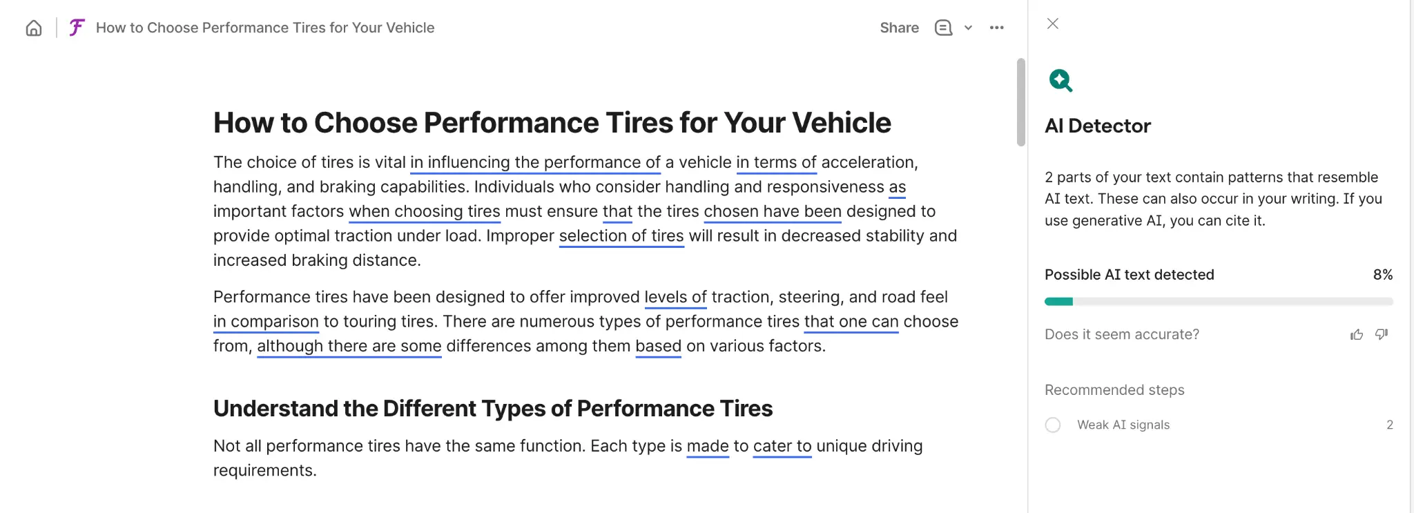 Document about choosing performance tires for vehicles with highlighted text, viewed on a computer screen