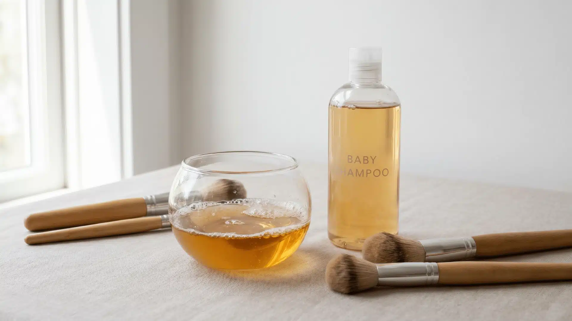 A small glass bowl containing gentle soap next to makeup brushes, demonstrating the cleanser selection step.