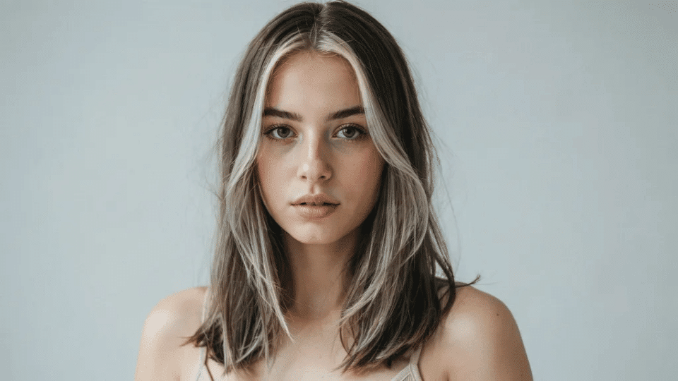 Straight hair with chunky bold highlights on dark base, edgy Y2K hairstyle with strong early 2000s contrast look