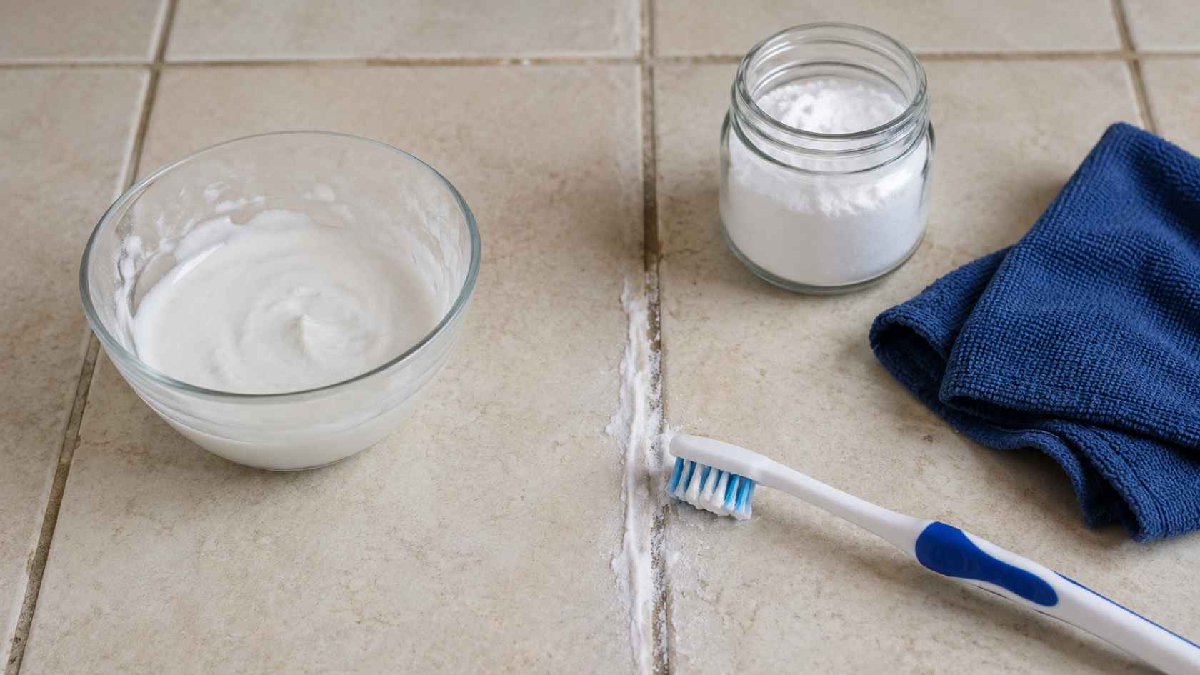 Baking soda paste, toothbrush, and cloth arranged on tile floor for grout cleaning preparation.