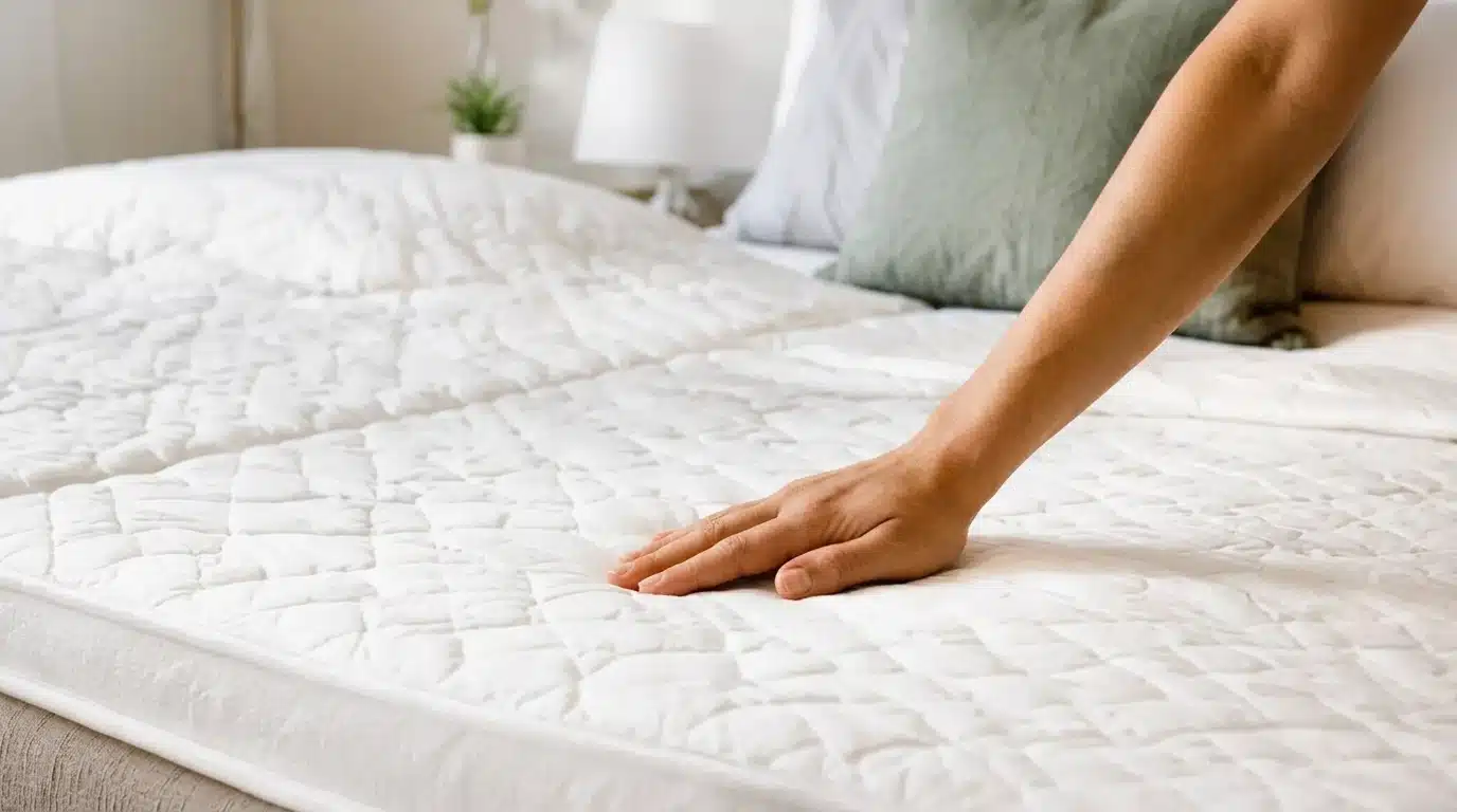 Hand pressing white mattress during cleaning bedrooms in bright minimal cozy bedroom setting with pillows.