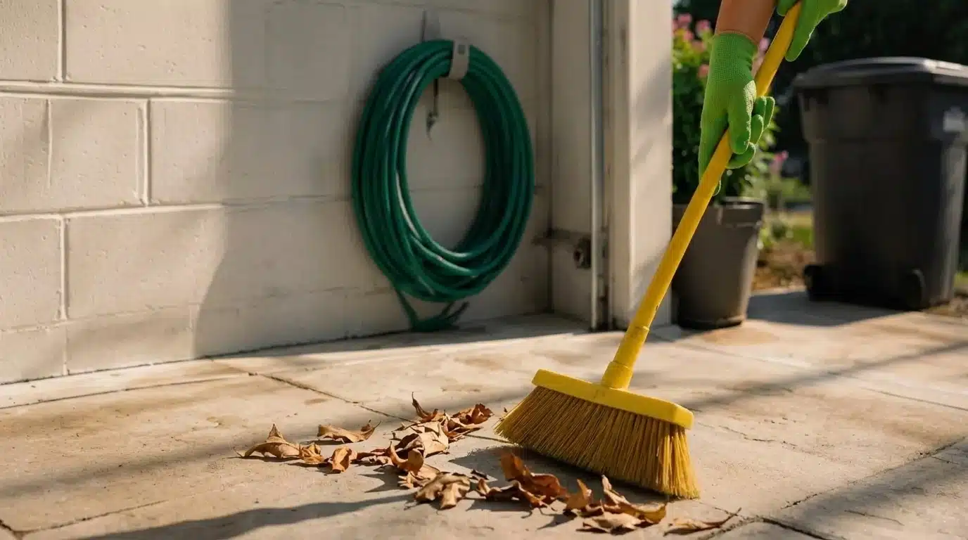 Person sweeping dried leaves outdoors with broom on patio beside wall and garden hose storage.