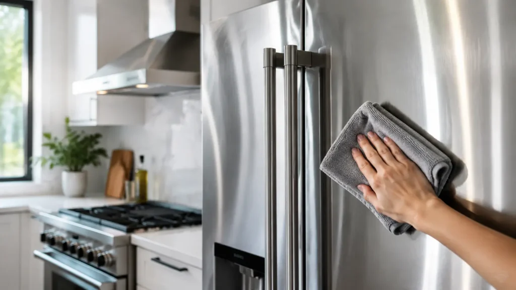 Cleaning stainless steel kitchen appliances with a cloth