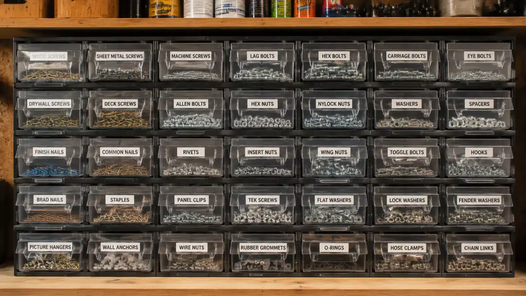 Clear drawers storing hardware
