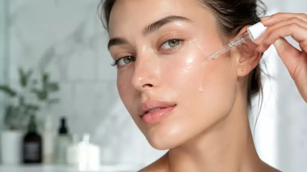 Close-up of a glowing clear face with salicylic acid serum being applied