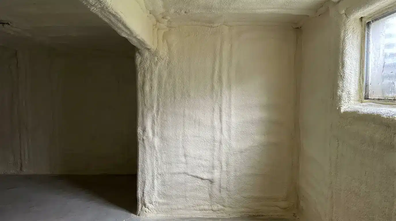 Interior with thick foam insulation on walls and ceiling, narrow window allowing natural light