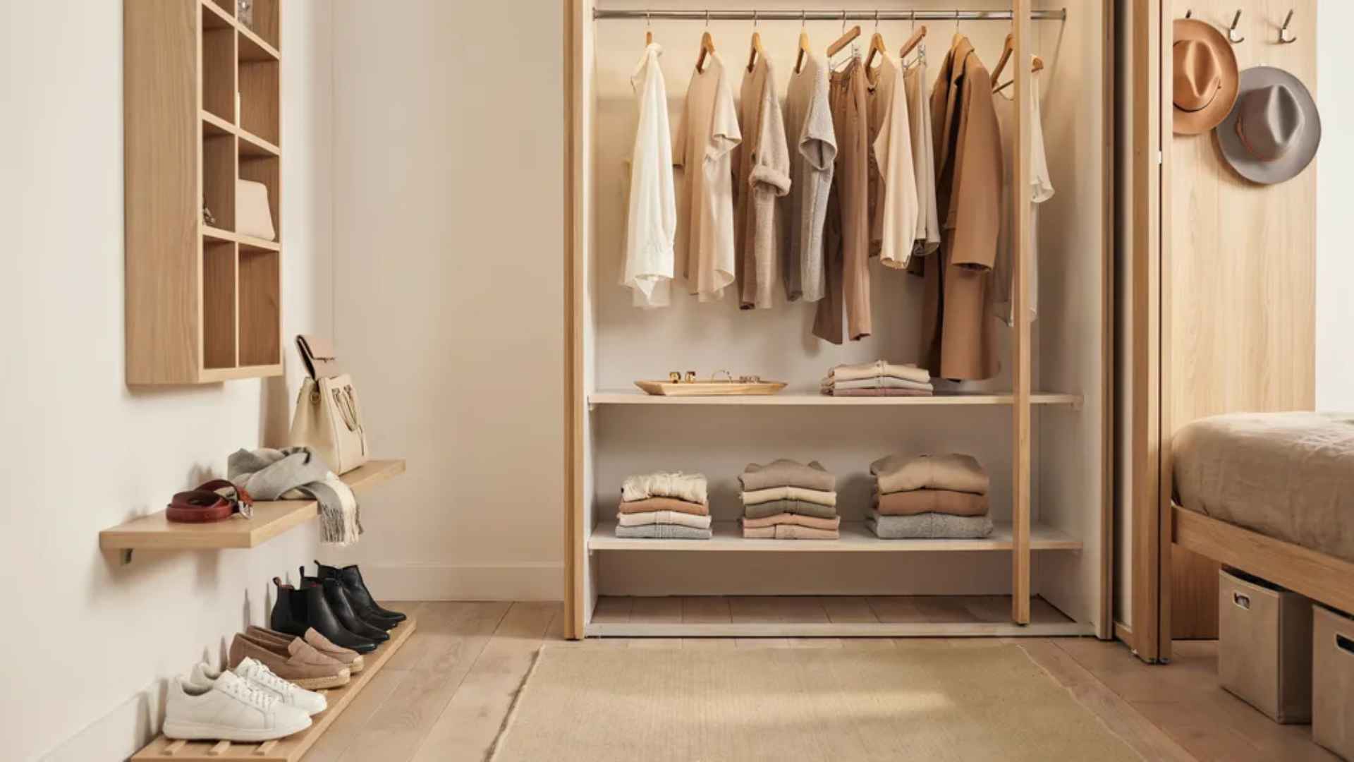Minimalist closet tidy with organized clothes, shoes, accessories, and jewelry, bright and well-arranged.