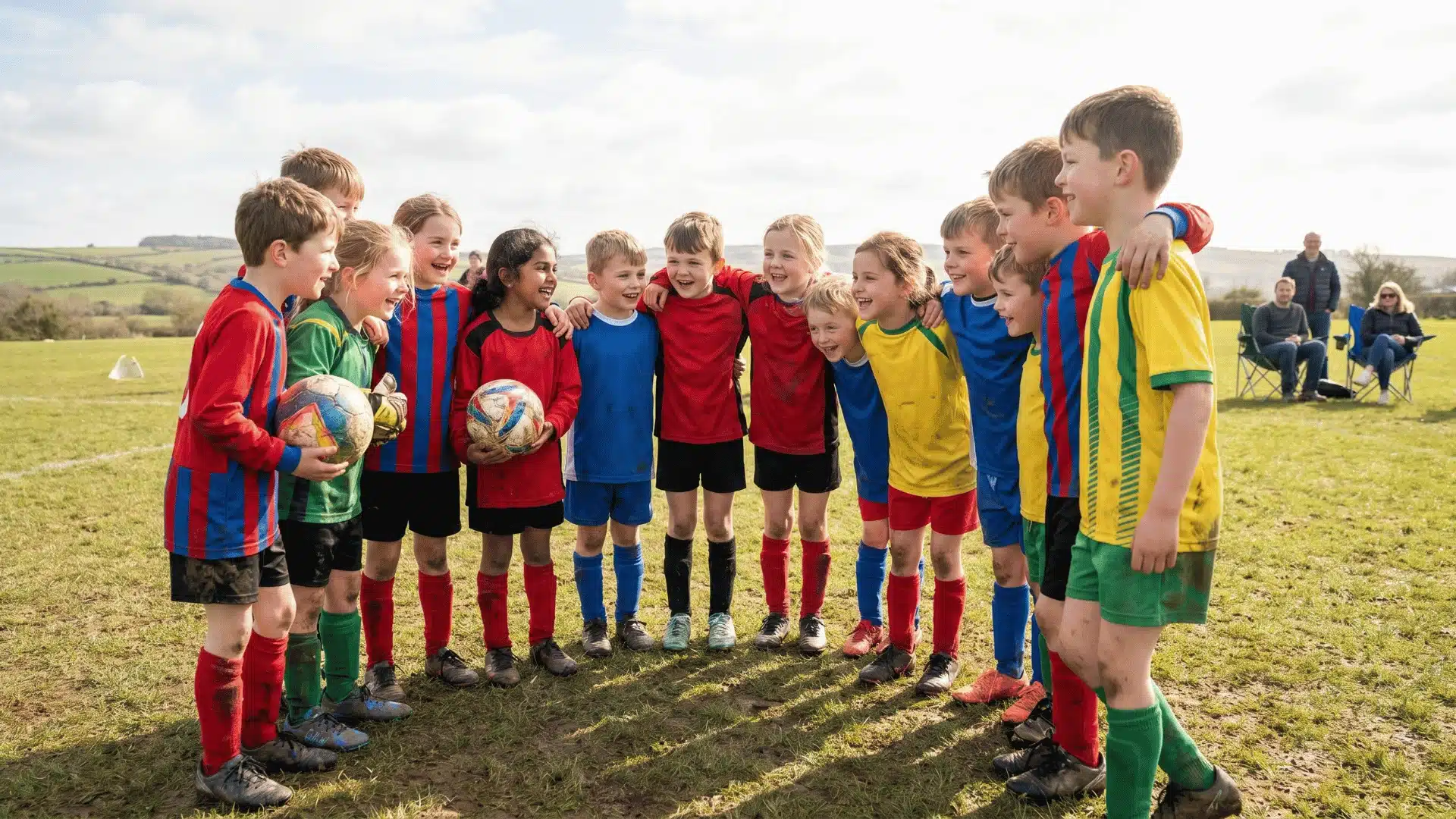 Mixed-gender kids’ soccer team smiling and holding a ball on a small field, enjoying team humor.