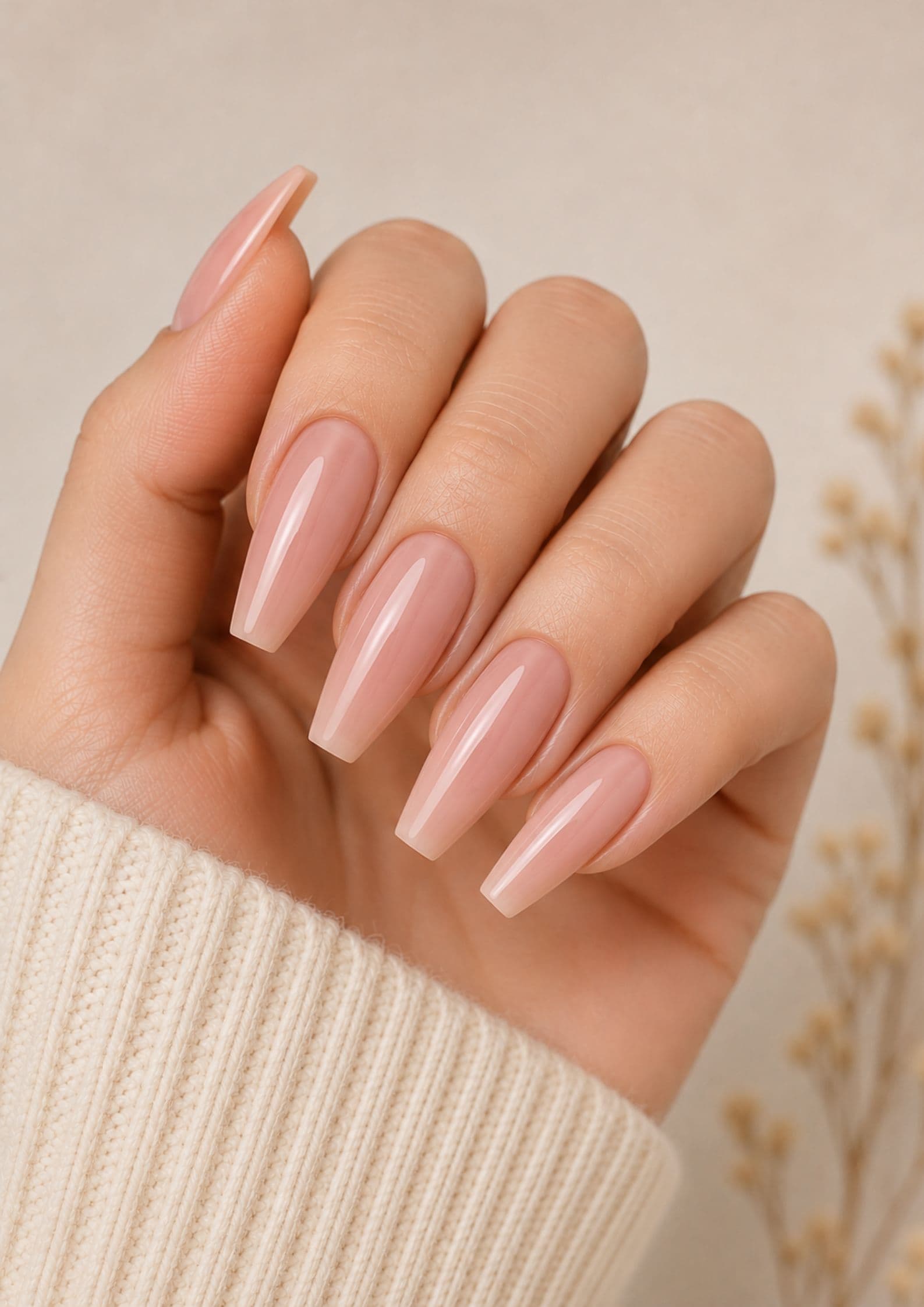 Coffin nude pink nails with tapered sides and flat squared tips