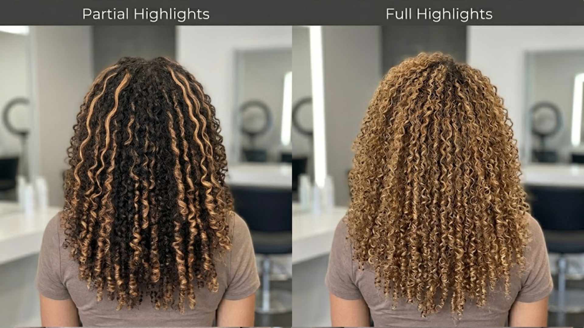 Side-by-side comparison of partial vs full highlights on coily hair showing contrast in brightness and color depth