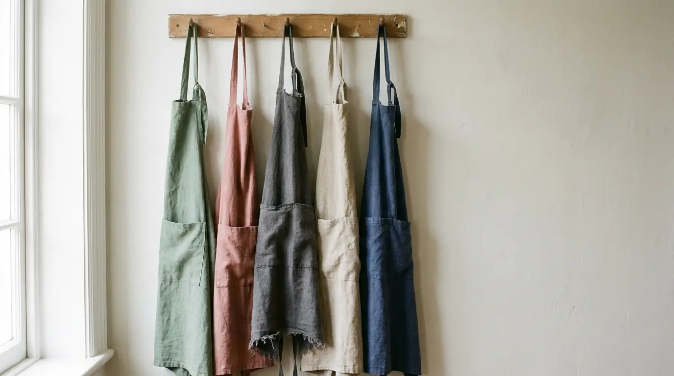 Aprons in various colors hanging on wooden rack in well-lit room