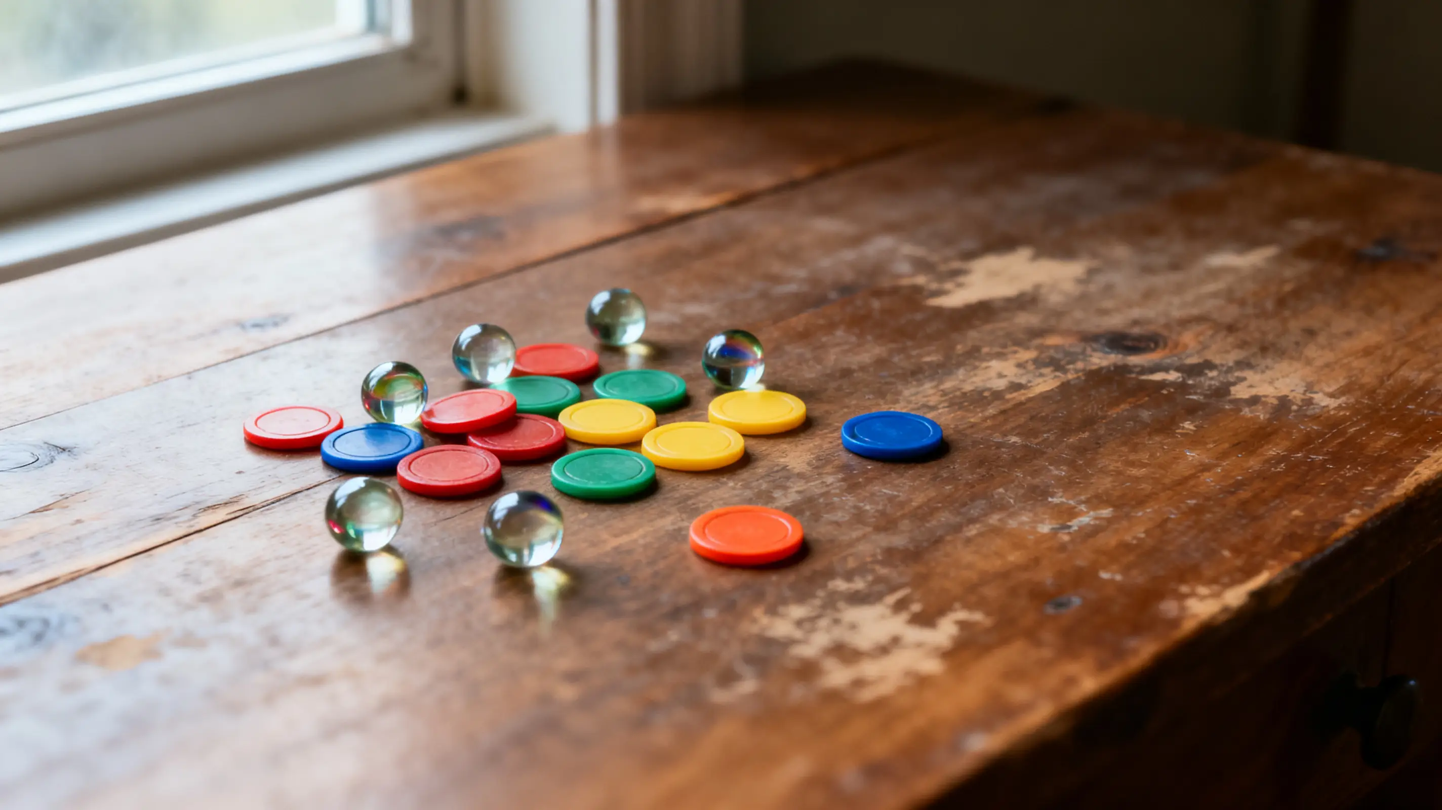 Colorful game tokens and glass marbles scattered on wooden table near window