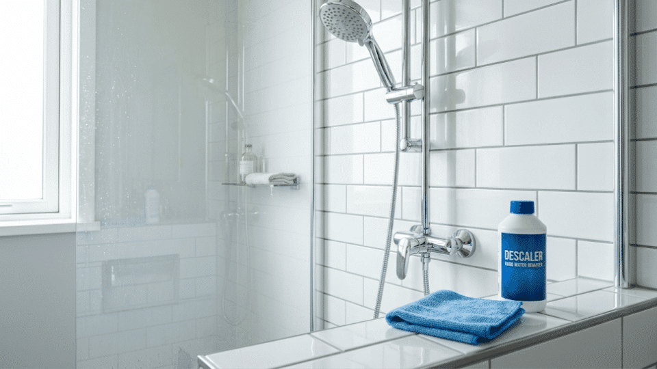 Spotless showerhead and tiles after removing heavy hard water deposits with a descaler.