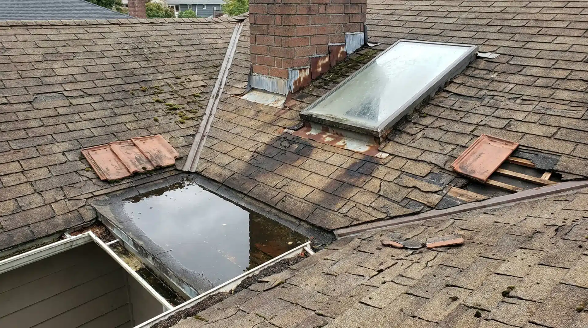 Damaged residential roof with cracked shingles, faulty flashing, ponding water, and storm damage causing potential roof leaks during inspection.