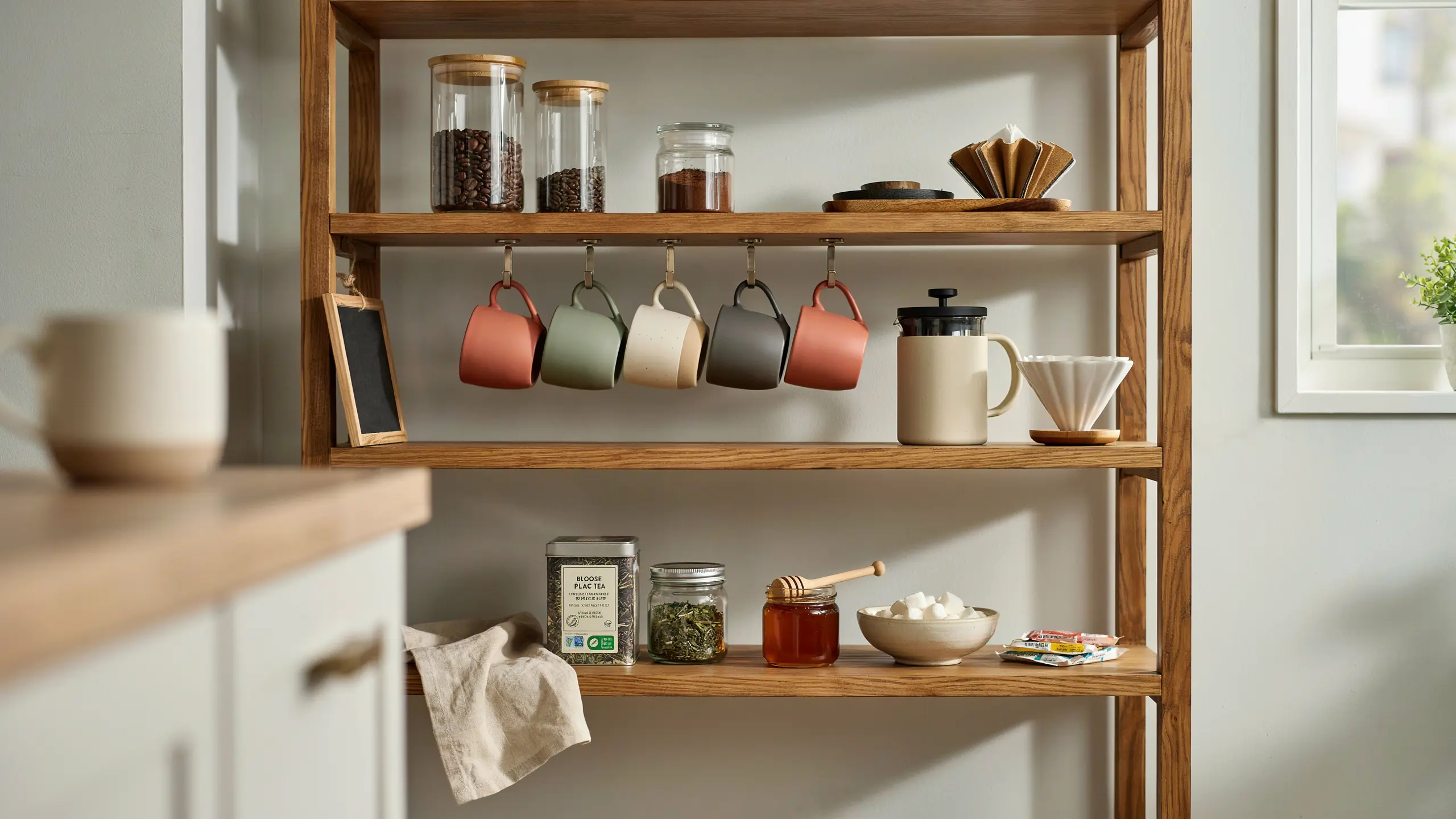 Coffee and beverage station with mugs, jars, and brewing accessories.