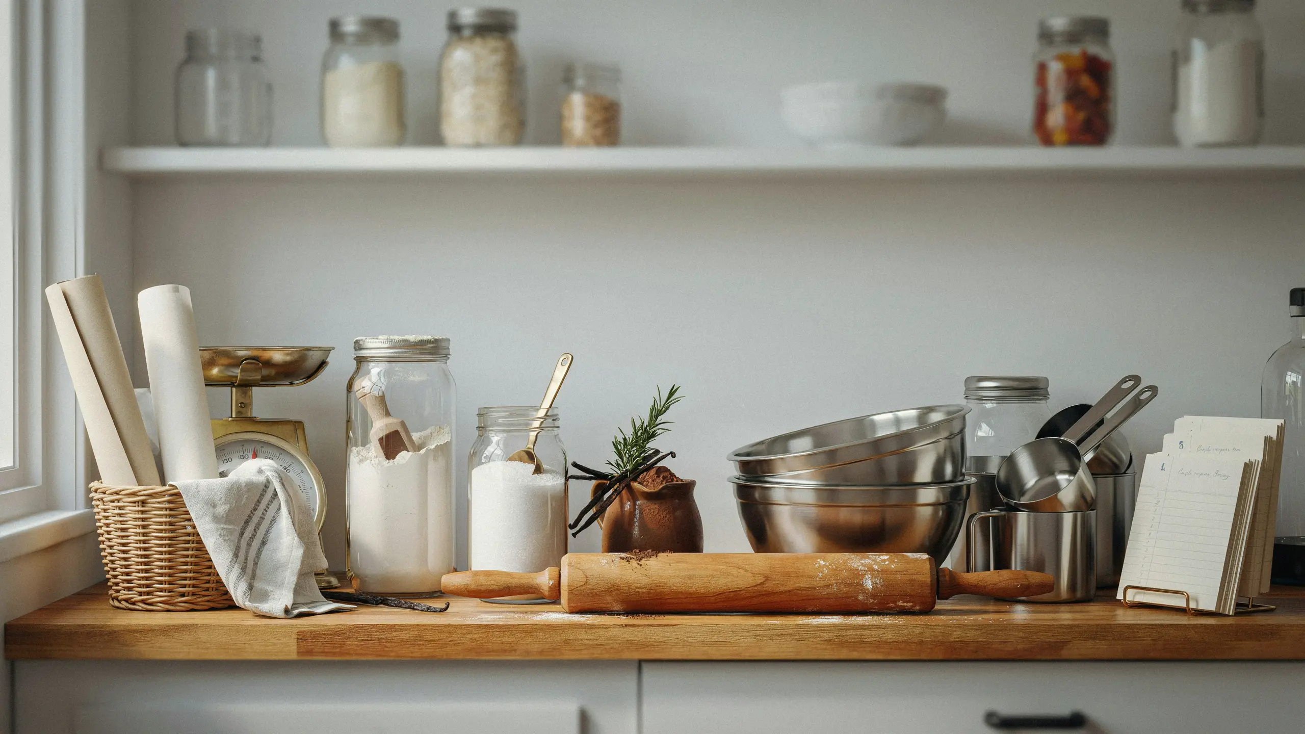 Dedicated baking station with mixing bowls, flour jars, and rolling pin.