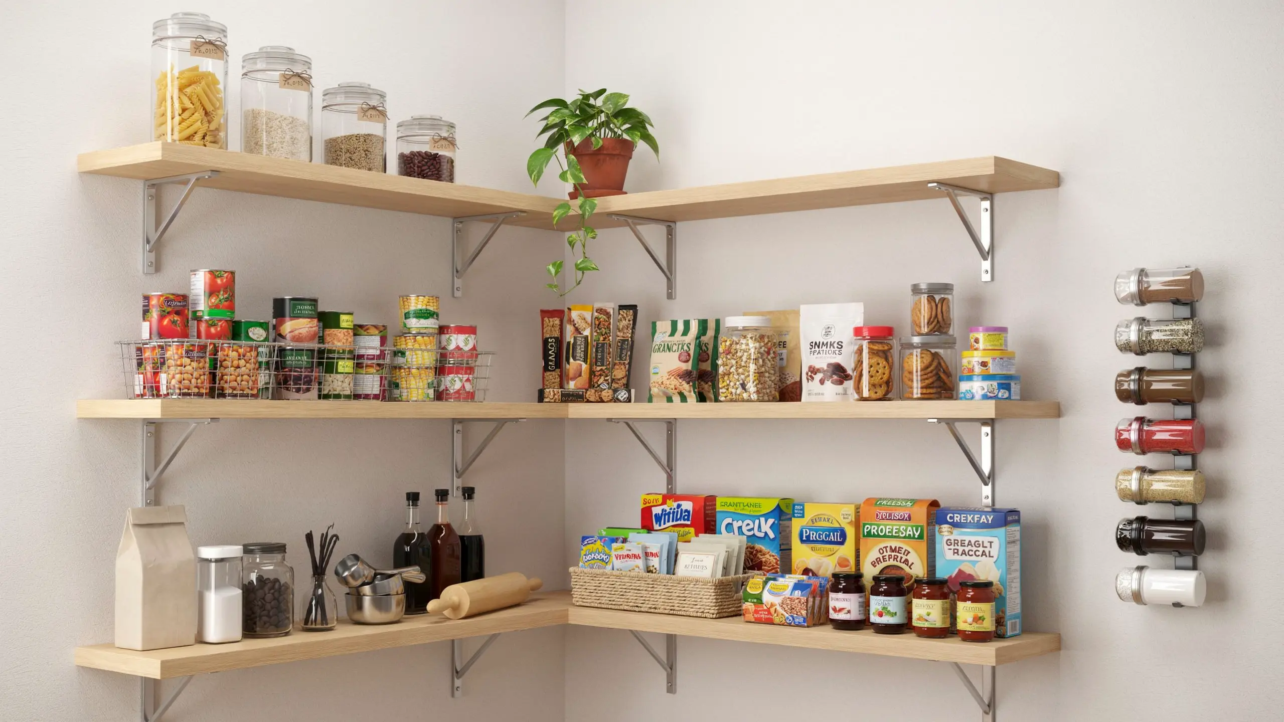 Pantry zones sorted by food categories on shelves with jars and bins.