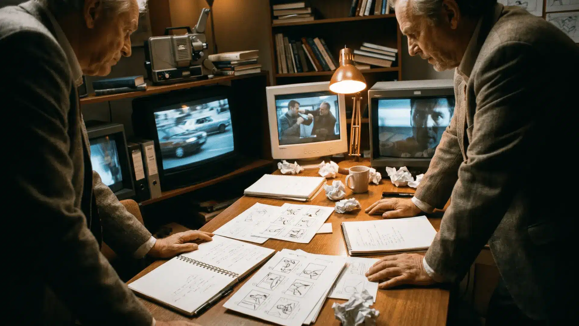 Film critic workspace with screens and notes analyzing action scenes and story structure under soft cinematic lighting.